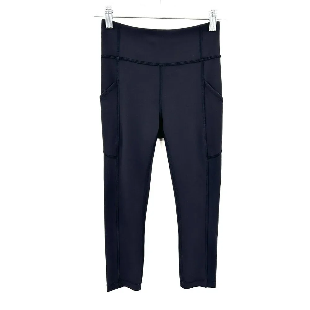 LULULEMON Fast and Free High-Rise Crop Leggings Pockets Black Running Size 4